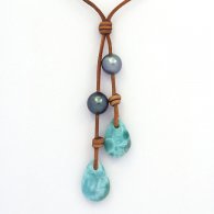 Collier en Cuir, 2 perles de Tahiti et 2 Larimar