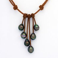 Collier en Cuir et 6 Perles de Tahiti Cerclées C de 9.3 à 10 mm