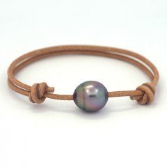 Bracelet en Cuir et 1 Perle de Tahiti Cerclée B 11.6 mm