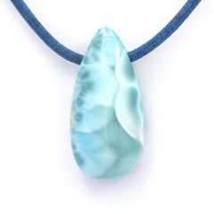 Collier en Cuir, Argent et 1 Larimar - 30 x 14 x 10 mm - 7.7 gr