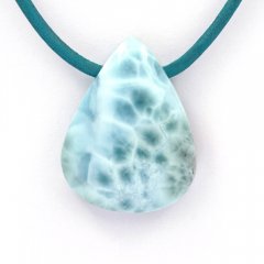 Collier en Cuir, Argent et 1 Larimar - 30 x 23 x 9 mm - 11.2 gr