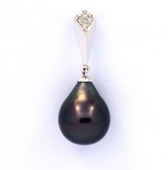 Pendentif en Or blanc 14K + 4 Diamants 0.02 carats VS1 et 1 Perle de Tahiti Semi-Baroque A 9.9 mm