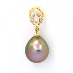 Pendentif en Or 14K + 11 Diamants 0.04 carats VS1 et 1 Perle de Tahiti Semi-Baroque B 9.6 mm