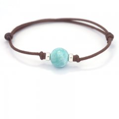 Bracelet en Coton, Argent et 1 Larimar - 11.3 mm - 2.5 gr