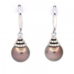 Boucles d'Oreilles en Argent et 2 Perles de Tahiti Rondes B/C 9.8 mm