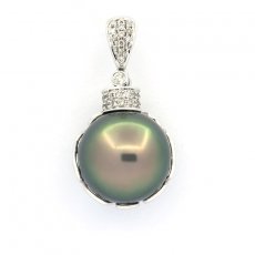 Pendentif en Or blanc 18k + 35 diamants et 1 Perle de Tahiti Ronde B 13.9 mm