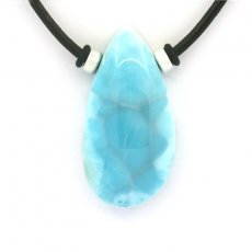 Collier en Cuir, Argent et 1 Larimar - 36 x 19 x 10 mm - 11.8 gr