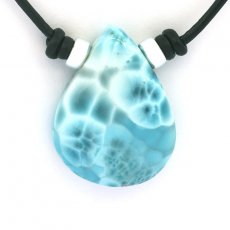 Collier en Cuir, Argent et 1 Larimar - 32 x 24 x 9.7 mm - 11.3 gr