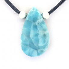 Collier en Cuir, Argent et 1 Larimar - 36 x 21 x 9 mm - 11.5 gr