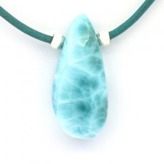 Collier en Cuir, Argent et 1 Larimar - 37 x 17 x 10.8 mm - 10.8 gr