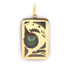 Pendentif en Or 18K, Nacre et 1 demi Perle de Tahiti - Dimensions = 28 x 19 mm - Requin