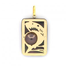 Pendentif en Or 18K, Nacre et 1 demi Perle de Tahiti - Dimensions = 28 x 19 mm - Requin