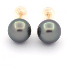 Boucles d'Oreilles en Or 18k et 2 Perles de Tahiti Semi-Rondes 1 A & 1 B 9.3 mm