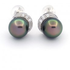 Boucles d'Oreilles en Argent et 2 Perles de Tahiti Semi-Rondes C 9.5 mm