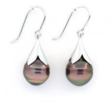 Boucles d'Oreilles en Argent et 2 Perles de Tahiti Cerclées C 10.6 mm