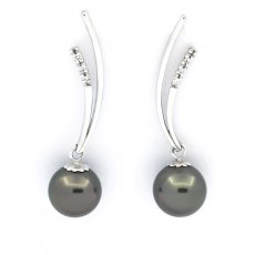 Boucles d'Oreilles en Argent et 2 Perles de Tahiti Rondes C 9.3 mm