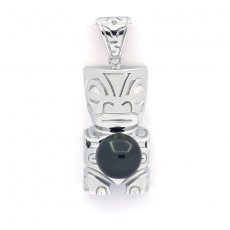 Pendentif Tiki en Argent et 1 Perle de Tahiti Ronde C 9.4 mm